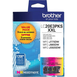 Brother Genuine High Yield Color Ink Cartridge, 3 Pack of LC20E, Replacement Color Ink Three Pack, Includes 1 Cartridge Each of Cyan, Magenta & Yellow, Page Yield Up to 1200 Pages/Cartridge, LC20E Brother