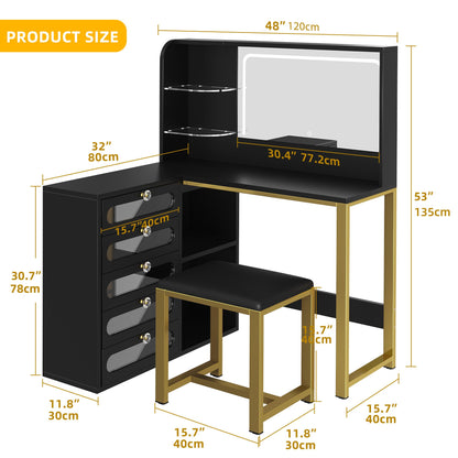 YITAHOME Vanity Desk Set- L Makeup Vanity with Mirror and Lights 3 Lighting Modes, 48" Large Dressing Table with 5 Tempered Glass Drawers with Open Storage Shelves Vanity Table, Black