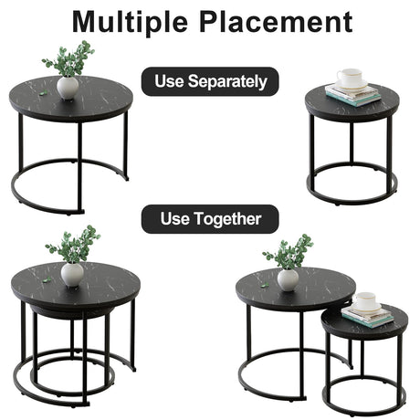 aboxoo Round Nesting Coffee Table Side Set of 2 End Tables for Living Room Bedroom Balcony,Black Faux Marble Wooden Table 23.6IN Accent Large Coffee Table with Steel Frame aboxoo