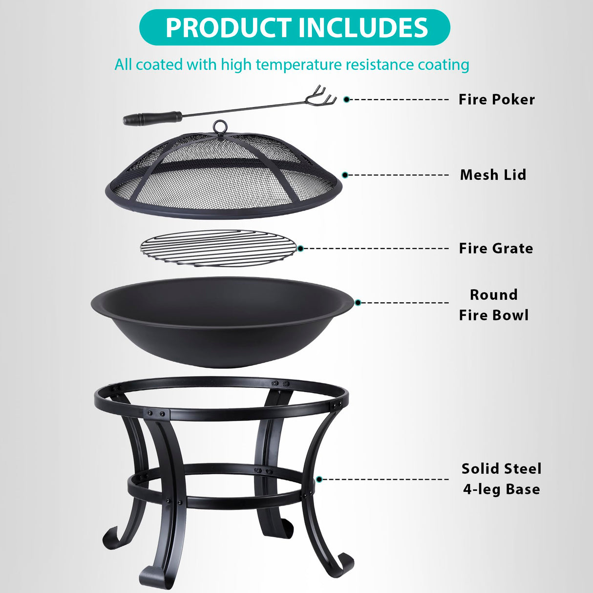 22 Inches Portable Fire Pit Outdoor Wood Burning Steel Lightweight BBQ Grill Firepit Bowl with Log Grate&Poker for Outside Patio Campfire Bonfire Backyard Nouva