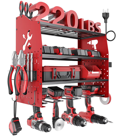 [2025 Upgraded] Power Tool Organizer Wall Mount with Charging Station, [5-Layer 220 LBS Heavy Duty], Metal Garage Tool Organizer Storage, Tool Battery Utility Racks for Room Garage Workshop Workbench HSicily
