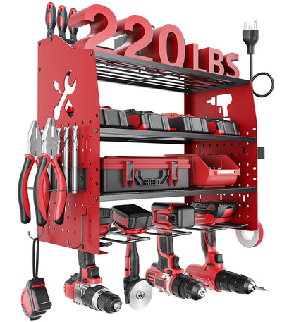 [2025 Upgraded] Power Tool Organizer Wall Mount with Charging Station, [5-Layer 220 LBS Heavy Duty], Metal Garage Tool Organizer Storage, Tool Battery Utility Racks for Room Garage Workshop Workbench