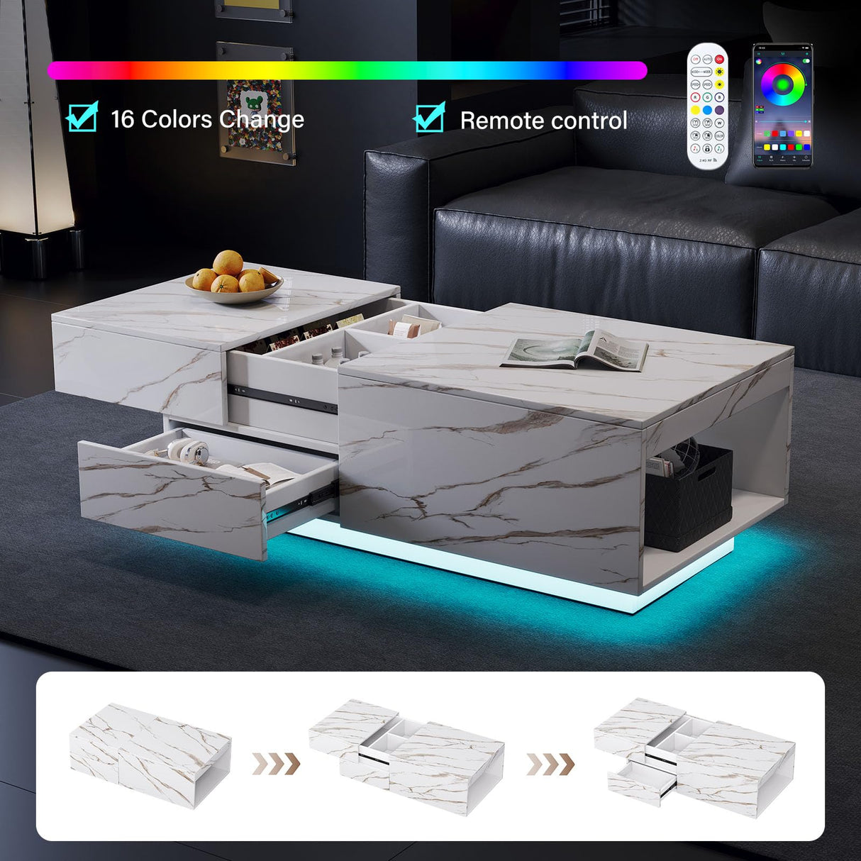 Svimi Modern Coffee Table & 65" TV Stand Set of 2, LED Entertainment Center with Power Outlets/Hidden Storage (White Coffee Table + White TV Stand) Svimi