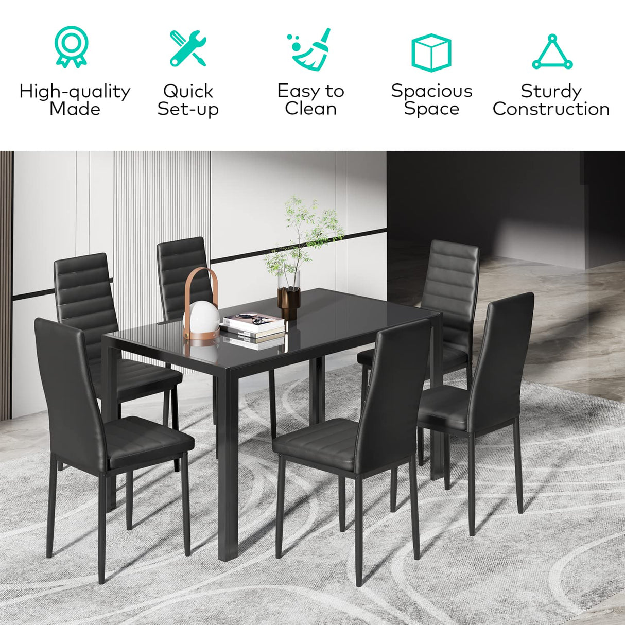 Gizoon Glass Dining Table Sets for 6, 7 Piece Kitchen Table and Chairs Set for 6 Person, PU Leather Modern Dining Room Sets for Home, Kitchen, Living Room Gizoon