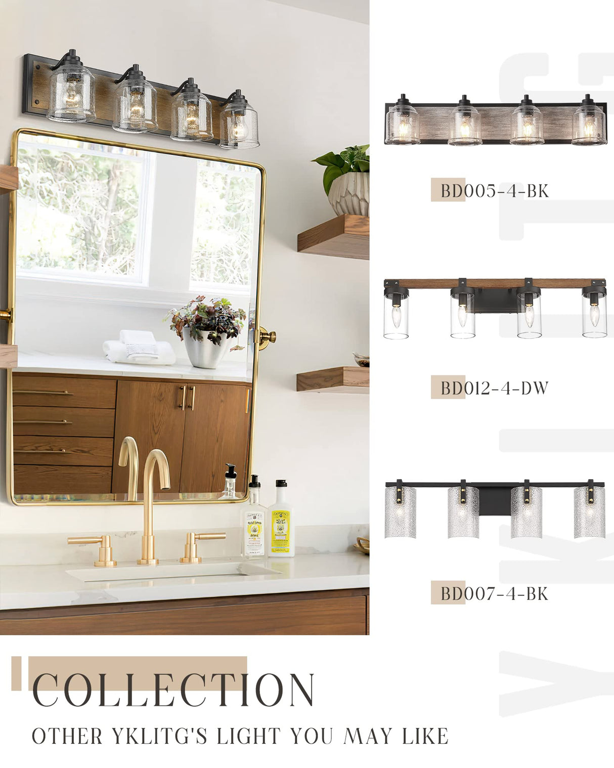 YKLITG 31.5 inch Farmhouse Bathroom Vanity Light Fixture, 4-Light Dark Wood Rustic Vanity Light with Seeded Glass Shades for Bathroom, Over Mirror, Living Room BD005-4-DW YKLITG