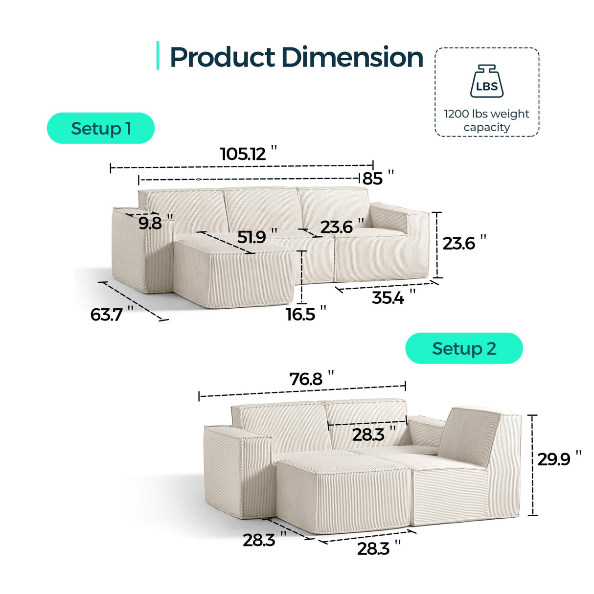 LINSY HOME Oversized Deep Modular Sectional Sofa, Cloud Couch U Shaped 3-Seat Sofa with 2 Ottomans, Corduroy Sectional Couches for Living Room, No Assembly Required, Green LINSY HOME