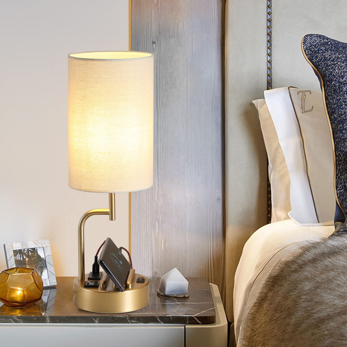 Dreamholder Table Lamp with 3 USB Charging Ports, Modern Desk Lamp with AC Outlet and Phone Stands, Perfect Bedside Lamp for Bedroom, Living Room, Office (Pack of 2), Gold Dreamholder