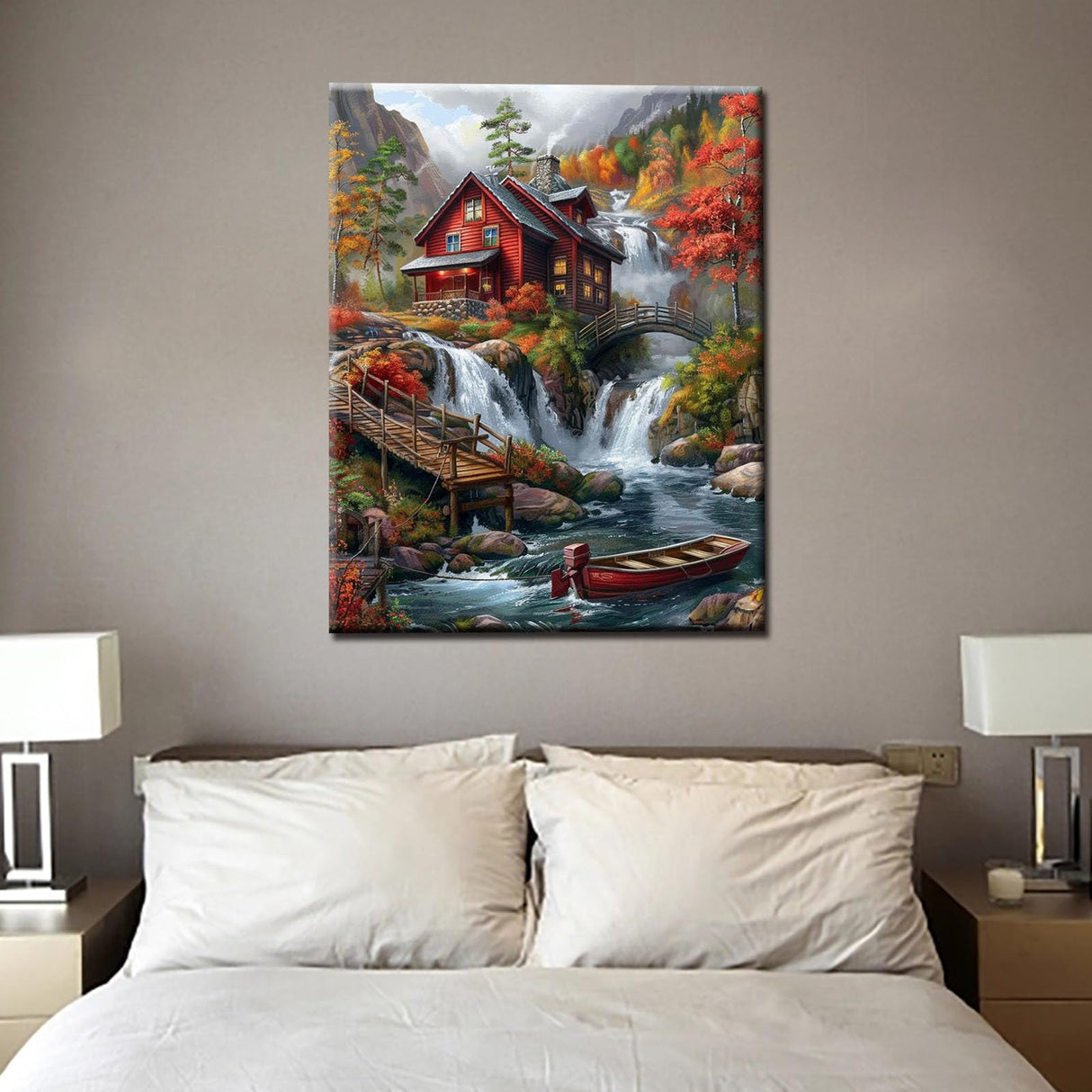 Native American Waterfall Paint by Numbers Kits 16x20 inch Canvas Red Wooden House DIY Oil Painting for Kids, Adults Beginner River with Boat Paintwork with Brushes Home Decor Boho Gift(Frameless) Tucocoo