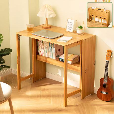 Bamboo Folding Desk Mid Century Modern Desk for Home Office Bedroom Small Spaces，Natural Dezyfurni