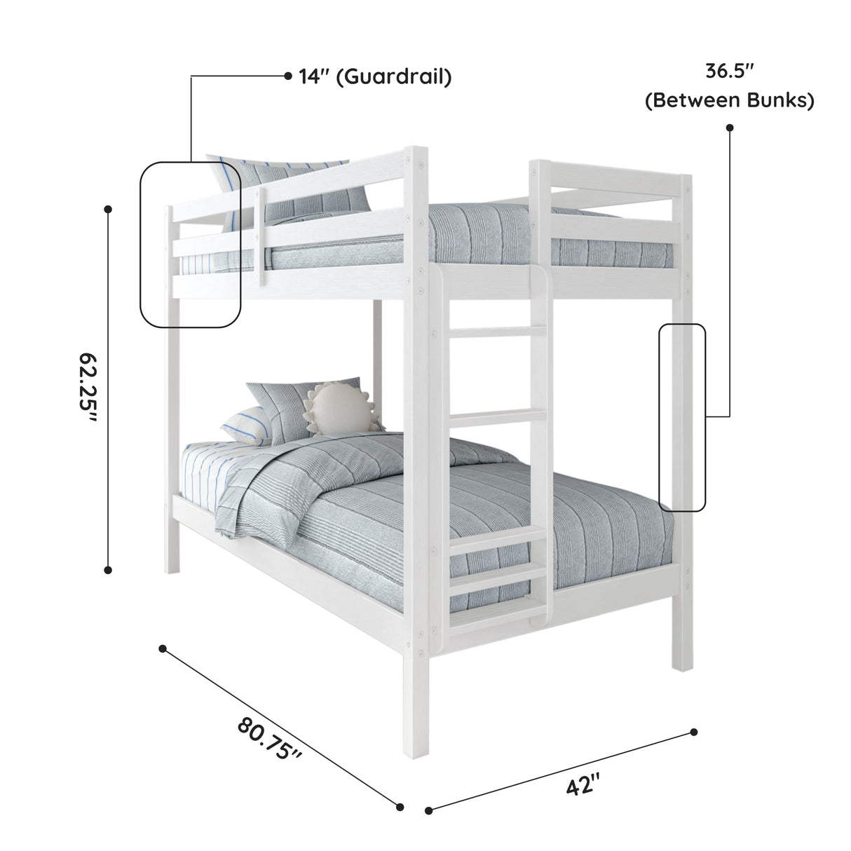 Grain & Grove Bear Twin Over Twin Bunk Bed, Sturdy Bunk Bed Frame for Kids, Plywood Bunk with Ladder, Guardrail, and Slats, No Box Spring Required, Brushed White Grain & Grove