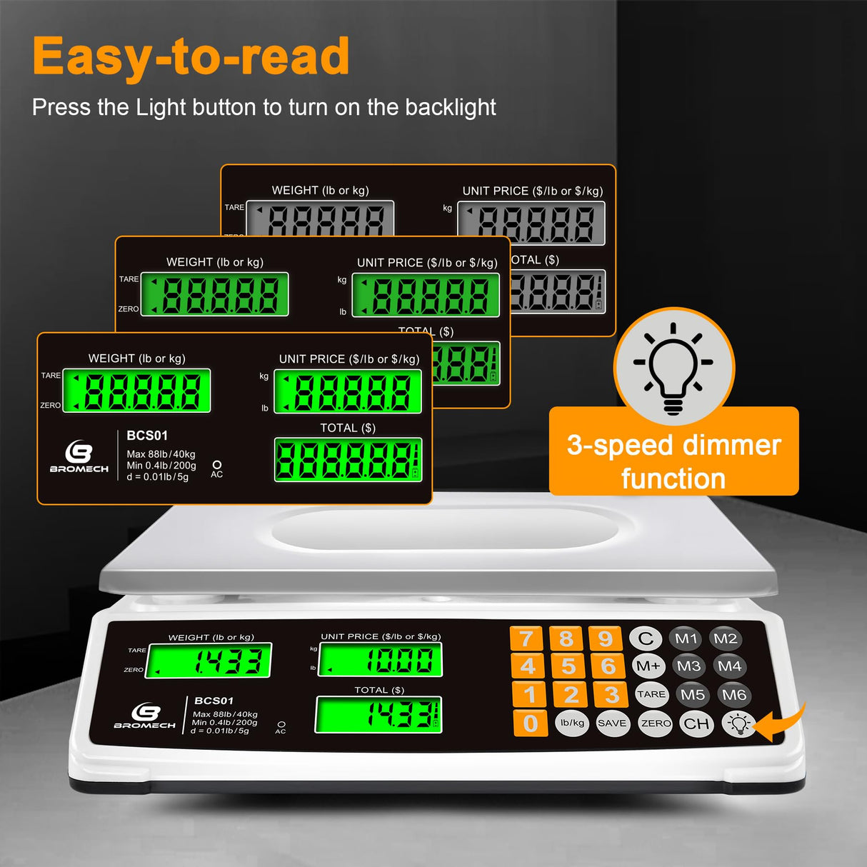 BROMECH Price Computing Scale 88lb/40kg Commercial Food Scale for Produce Meat Weighing, LCD Display and Green Bright Backlight for Farmers Markets, Meat Shop, Deli, （Not for Trade） BROMECH