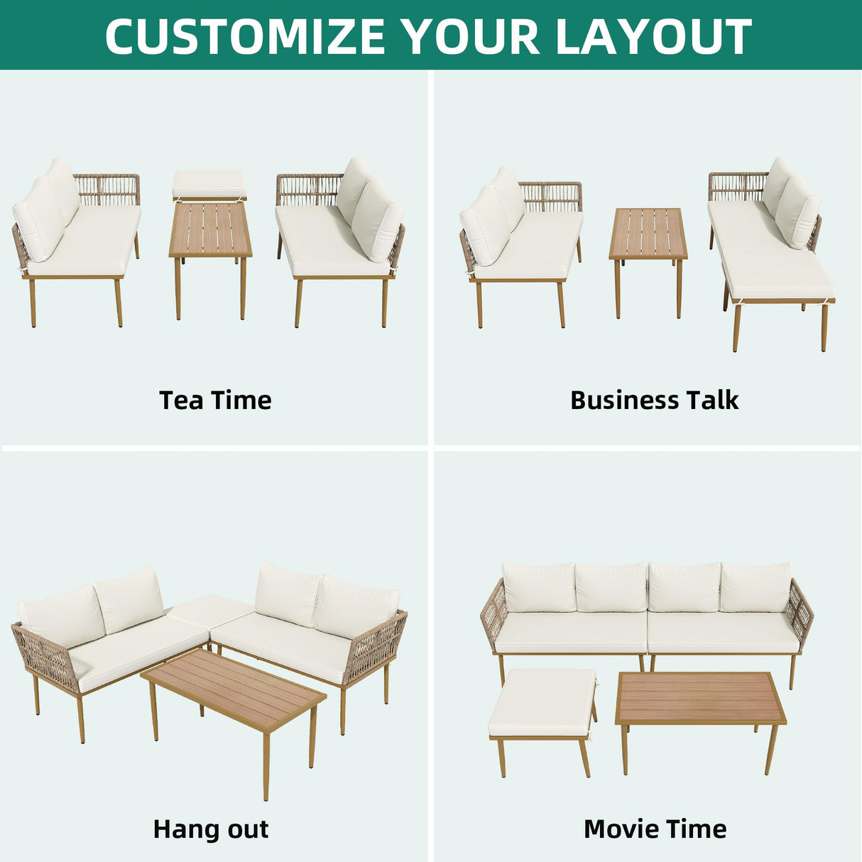 YITAHOME Patio Furniture Set, 6 Pieces Outdoor Rattan Woven Sectional Sofa Patio Loveseat with Ottoman and and Side Table, Conversation Set for Backyard, Porch, Boho - Beige YITAHOME