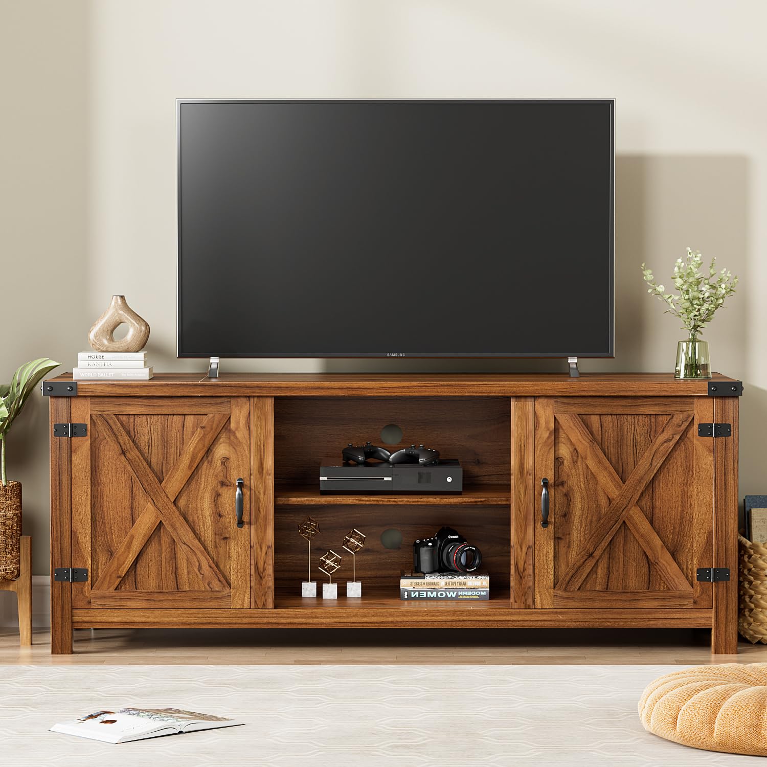 YESHOMY Modern Farmhouse TV Stand with Two Barn Doors and Storage Cabinets for Televisions up to 65+ Inch,Entertainment Center Console Table,Media Furniture for Living Room,58 Inch, Walnut,YH - WoodArtSupply