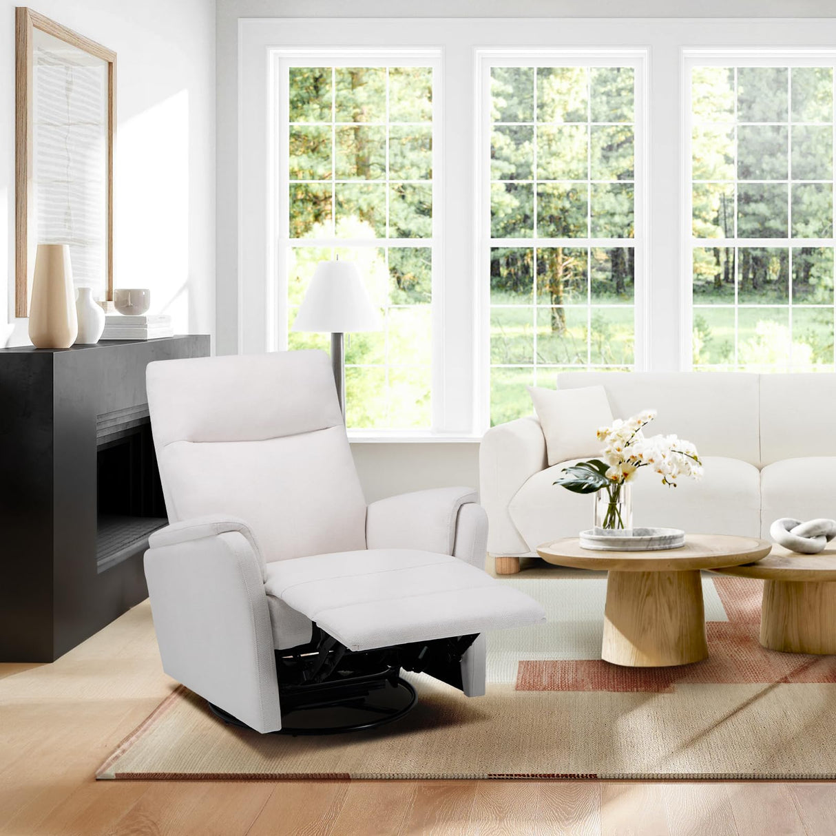 COLAMY Swivel Rocking Recliner Chair, Nursery Rocker Glider Recliner with Extra Large Footrest, Deep Seat, High Back, Upholstered Fabric Reclining Single Sofa for Living Room-White COLAMY