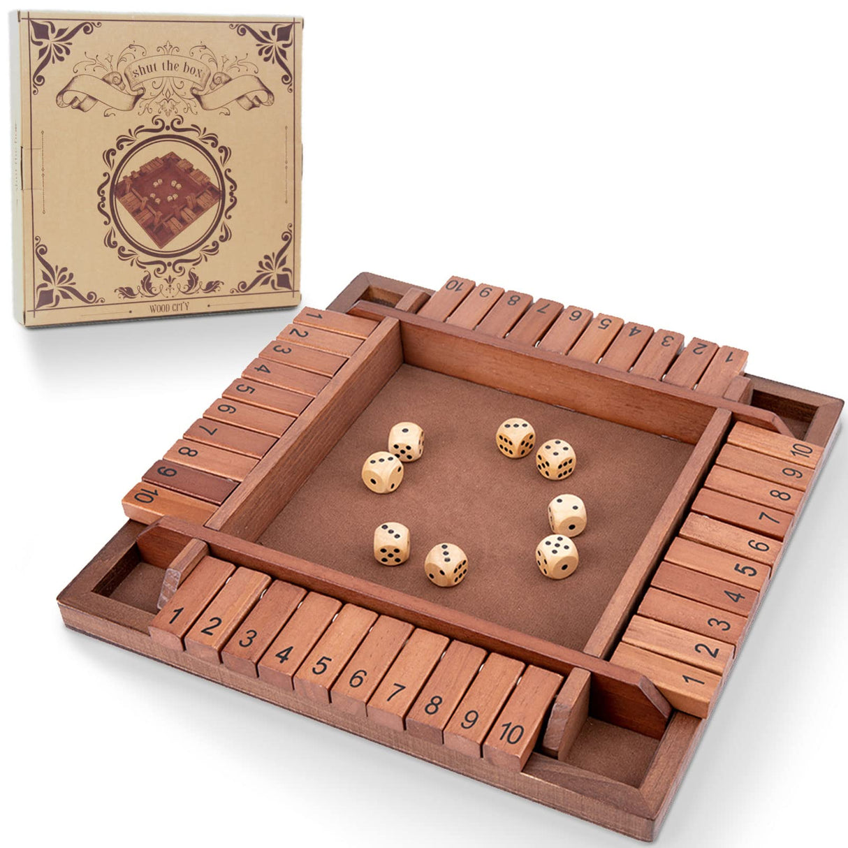 Shut The Box Game Wooden 4 Player, Classic Board Game for Kids & Adults, Educational Math Learning Toy, Table Dice Game for The Party Family or Bar - 12 Inch with 8 Dice WOOD CITY