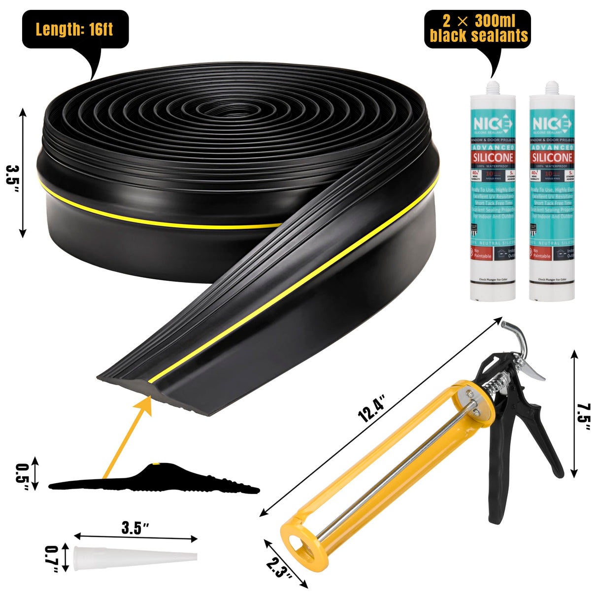 KINTOREX 16 Feet Garage Door Seals Bottom Rubber Threshold & Weather Strip with 2 Glue Bottles & Caulking Gun - Garage Floors DIY Weather Stripping Replacement Kintorex