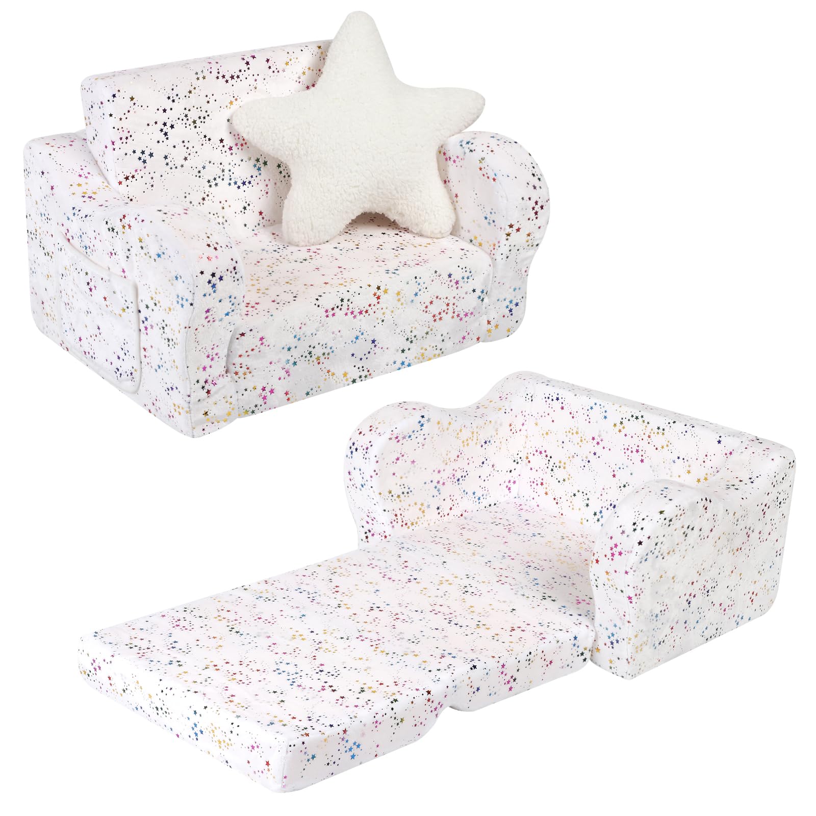 MOMCAYWEX Shiny Star Toddler Couch, 2-in-1 Toddler Soft Couch Fold Out with Star Pillow, Convertible Sofa to Lounger for Girls and Boys, 1-Seat - WoodArtSupply