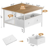 FABATO Flip Top Coffee Table, Square Coffee Tables Metal Wood, Farmhouse Lift Up Coffee Table Cocktail Table with Wire Mesh Barn Door and Storage, Steel Frame, Small Tea Table for Living Room, White FABATO