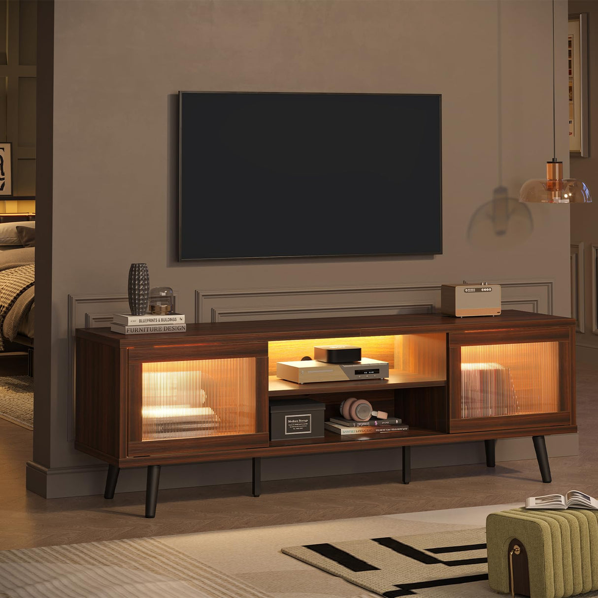 Bestier TV Stand for 75 Inch TV, 63” LED Entertainment Center with Sliding Acylic Doors, Modern TV Console with 2 Tier Storage Shelves, Media Console Table for Living Room Bedroom - Walnut Bestier