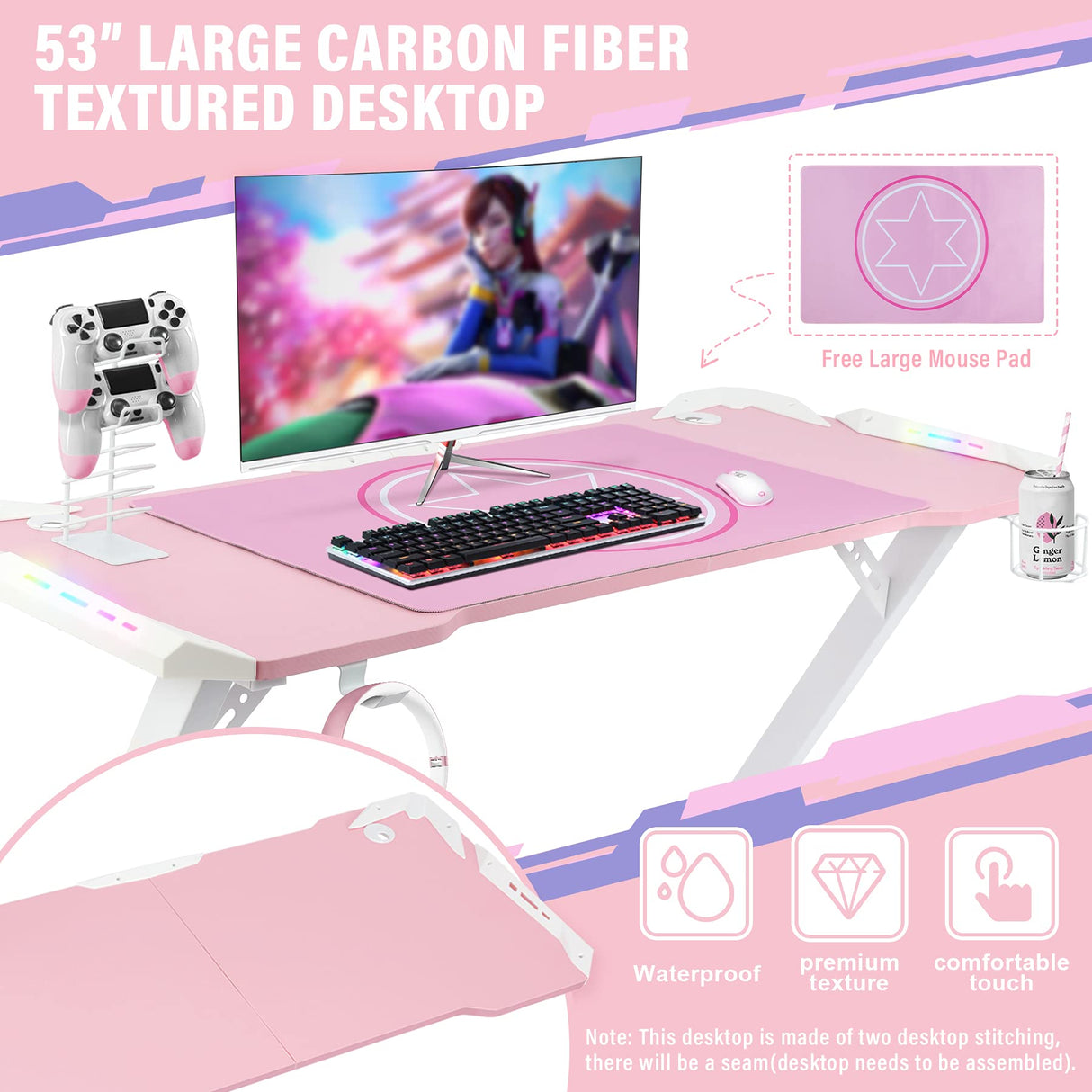 YOUTHUP Gaming Desk with LED Lights, 55 Inch Z Shaped Game Desk for PC Gamer, Ergonomic Racing Style Computer Table Workstation with Remote Control, Headphone Hook, Cup Holder, Handle Rack, Pink YOUTHUP