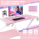 YOUTHUP Gaming Desk with LED Lights, 55 Inch Z Shaped Game Desk for PC Gamer, Ergonomic Racing Style Computer Table Workstation with Remote Control, Headphone Hook, Cup Holder, Handle Rack, Pink YOUTHUP