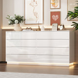 FUFU&GAGA Glossy Dresser with Lights, White Chest of Drawers, High Gloss Modern 8 Drawer Storage, 63” Wide Double Dressers for Bedroom Living Room Hallway, 63”W x 15.7”D x 30.9”H FUFU&GAGA