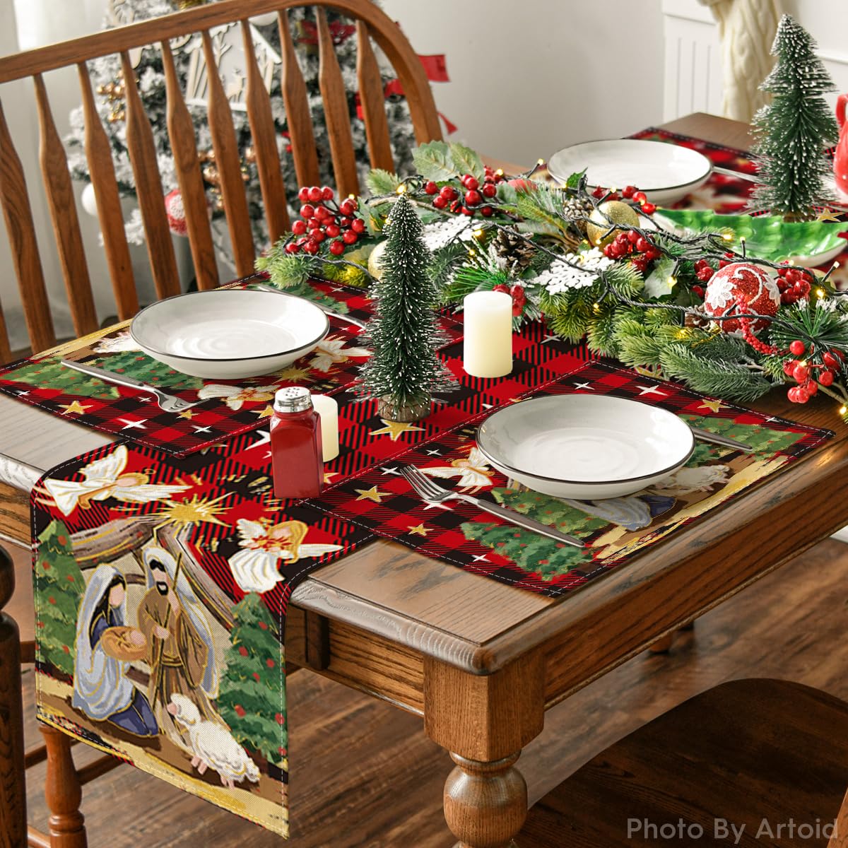 Artoid Mode Buffalo Plaid Kogiya Shepherd Christmas Placemats Set of 4, 12x18 Inch Winter O Holy Night Xmas Table Mats for Party Kitchen Dining Decoration Artoid Mode