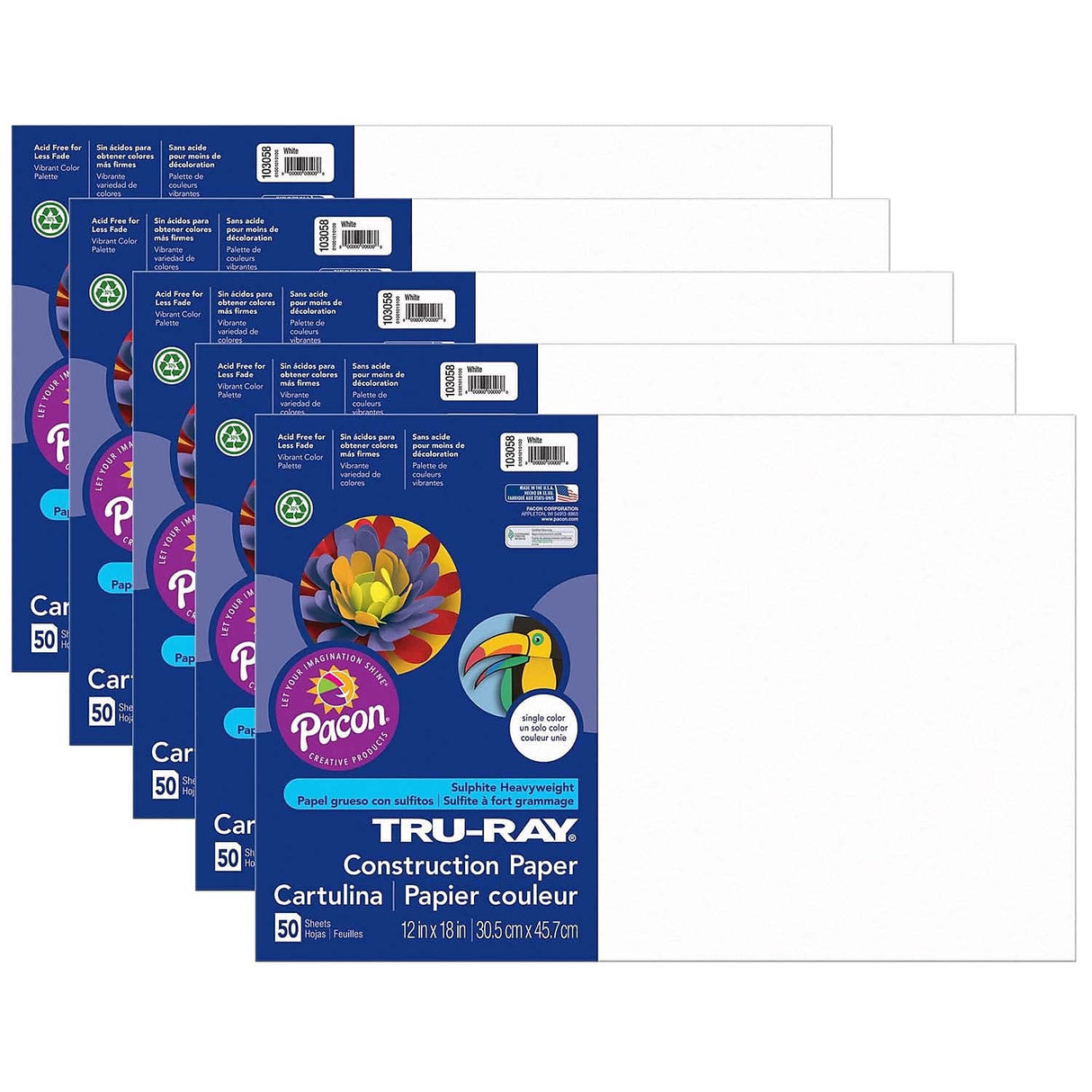 Tru-Ray 12" x 18" Construction Paper, White, 50 Sheets/Pack, 5 Packs/Bundle (PAC103058-5) Tru-Ray