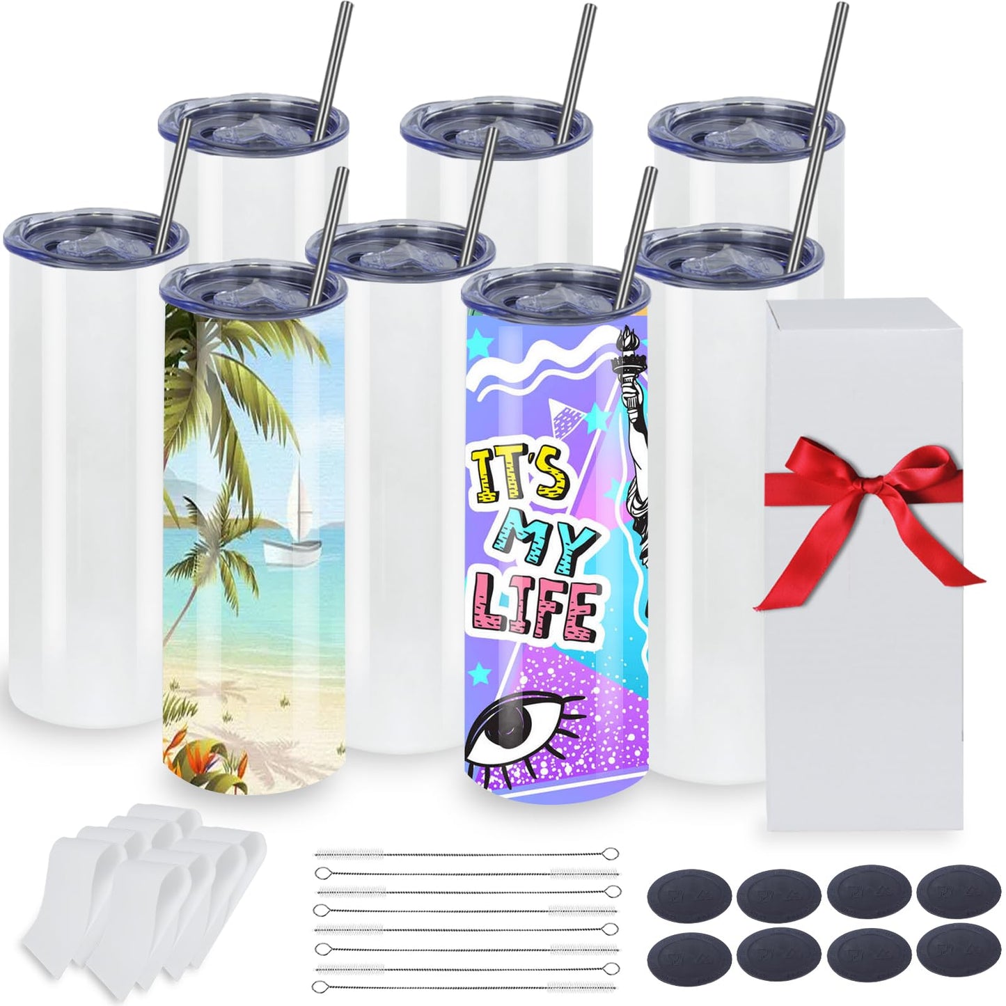 SAPVRIT 8 Pack Sublimation Tumblers 20 Oz Skinny Straight, Stainless Steel Sublimation Tumblers Blank, Individually Gift Boxed, Insulated Tumbler Sublimation (8 PACK 20OZ)