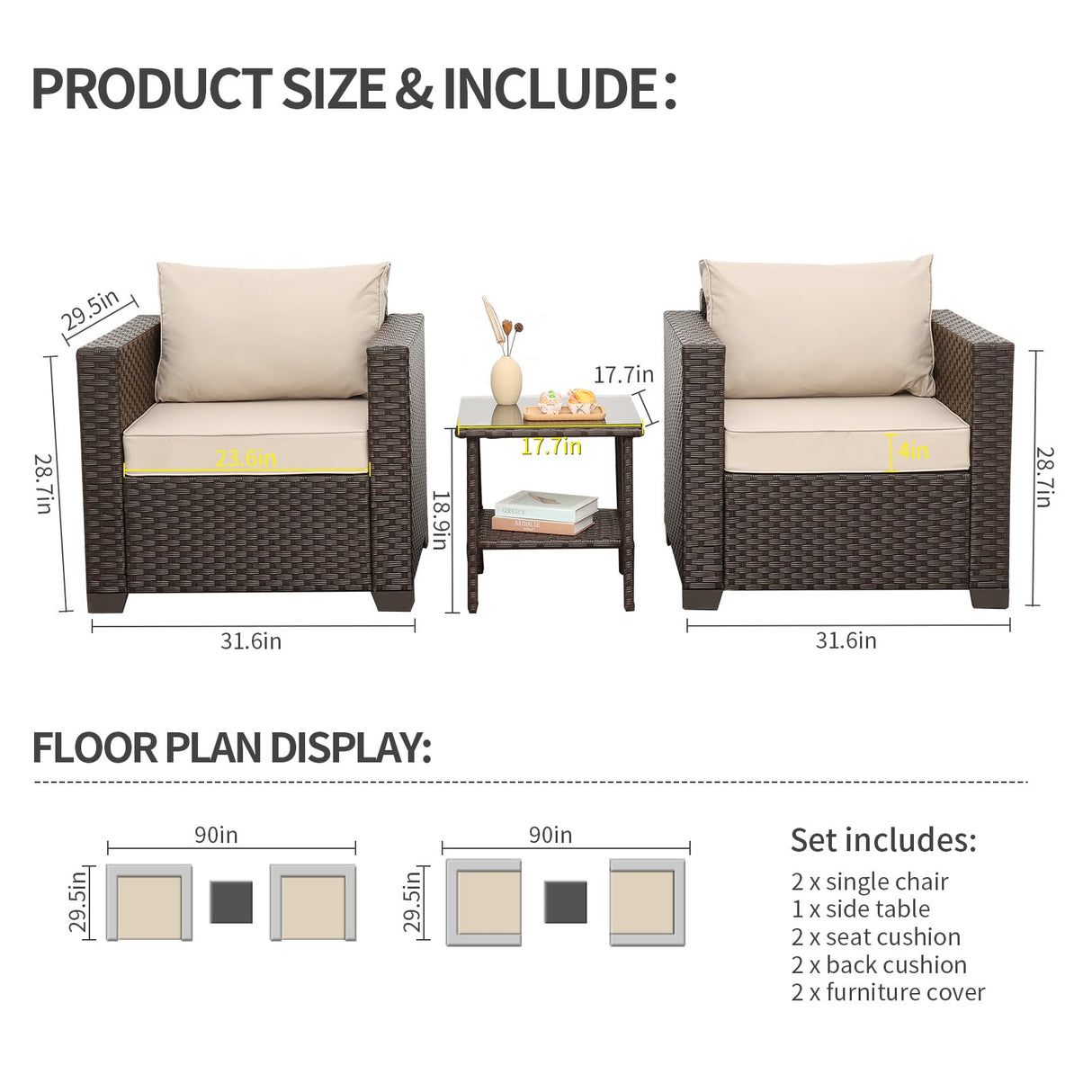 Rattaner Outdoor Furniture Club Chair 3 Pieces Patio Single Sofa Chairs and Glass End Table Outdoor Chairs Set of 2 and SideTable with Anti-Slip Cushions and Waterproof Cover, Khaki Rattaner