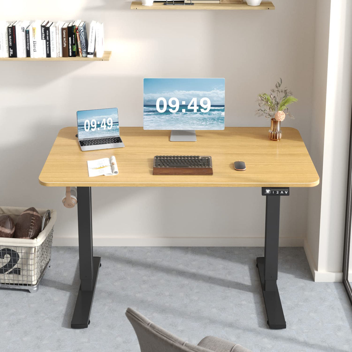 Furmax Electric Height Adjustable Standing Desk Large 48 x 24 Inches Sit Stand up Desk Home Office Computer Desk Memory Preset with T-Shaped Metal Bracket, Maple Furmax