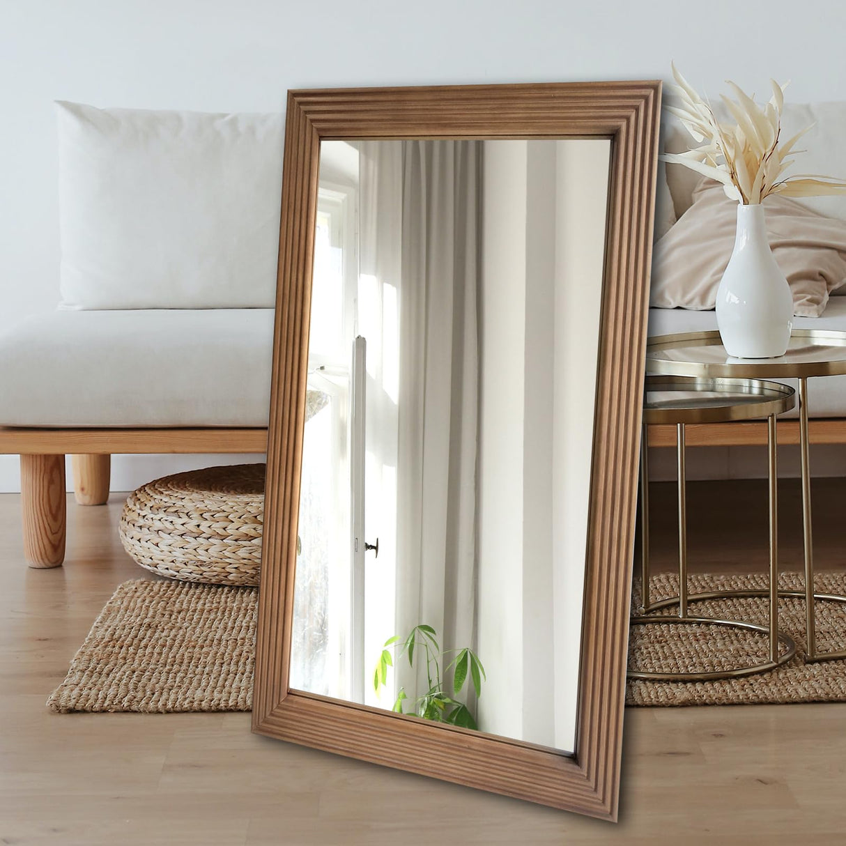 DAOYIJIAJU Rustic Wooden Framed Wall Mirror, Rectangle Wood Hanging Mirror, Farmhouse Wall Mirror for Bathroom Vanity Bedroom Living Room, Vertical or Horizontal Hanging, 36" x 24" DAOYIJIAJU