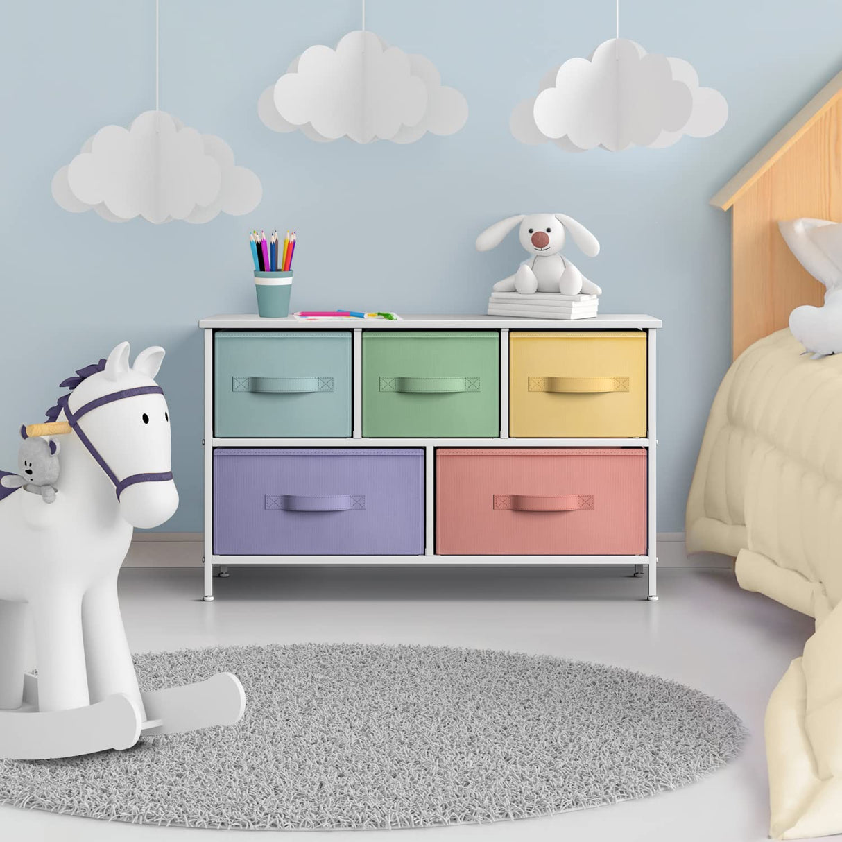 Sorbus Kids Dresser with 5 Drawers - Storage Chest Organizer Unit with Steel Frame, Wood Top, Easy Pull Fabric Bins - Long Wide TV Stand for Bedroom Furniture, Hallway, Closet & Office Organization Sorbus