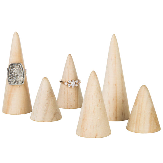 MyGift Natural Wood Wedding Ring Holder for Jewelry Engagement, Costume Ring Cone, Set of 6