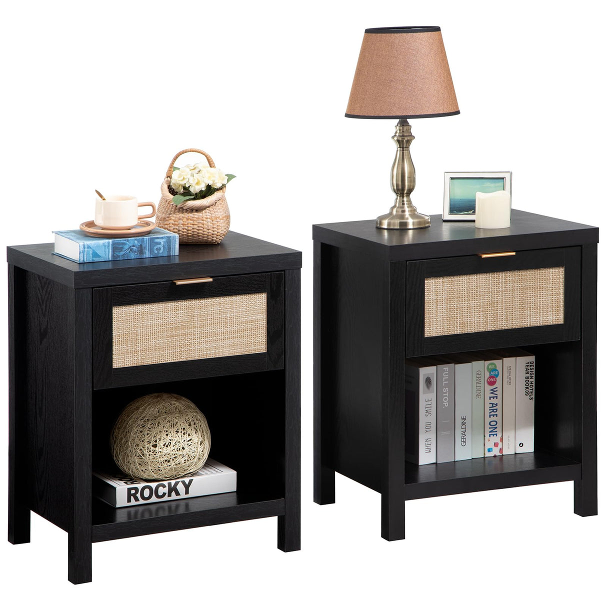SICOTAS Rattan Night Stands Set of 2, Farmhouse Nightstand Bedside Table with Drawer and Storage Shelf, Boho End Side Table for Bedroom, Small Space, Black Oak SICOTAS