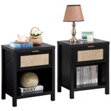 SICOTAS Rattan Night Stands Set of 2, Farmhouse Nightstand Bedside Table with Drawer and Storage Shelf, Boho End Side Table for Bedroom, Small Space, Black Oak SICOTAS
