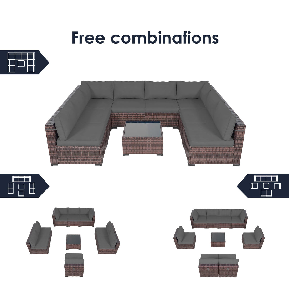 Amopatio 9 Pieces Patio Furniture Set All Weather Outdoor Sectional Sofa, Outdoor Modern Sectional Furniture Wicker Couch with Glass Coffee Table, Thicken Grey Cushions, Waterproof Cover Amopatio