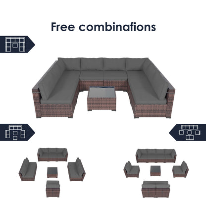 Amopatio 9 Pieces Patio Furniture Set All Weather Outdoor Sectional Sofa, Outdoor Modern Sectional Furniture Wicker Couch with Glass Coffee Table, Thicken Grey Cushions, Waterproof Cover