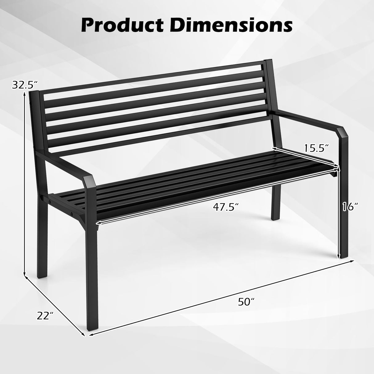 Tangkula 50” Outdoor Metal Park Bench, Patio Slatted Garden Bench for 2-3 People with Armrests & Backrest, Heavy-Duty Modern Seating for Backyard, Poolside, Porch Tangkula