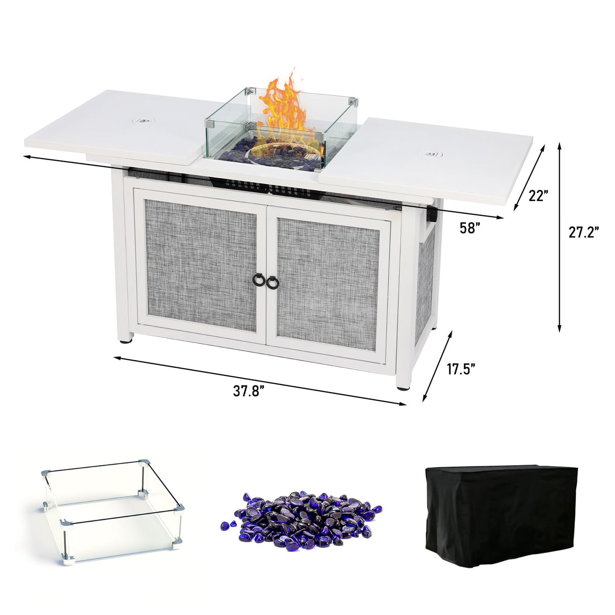BOVONO 42inch Propane Fire Pit Table, Rectangular Gas Firepit Table with Removable Desktop,2 Tier Storage Shelves, Tempered Glass and Rain Cover for Garden, Patio & Backyard (White) BOVONO
