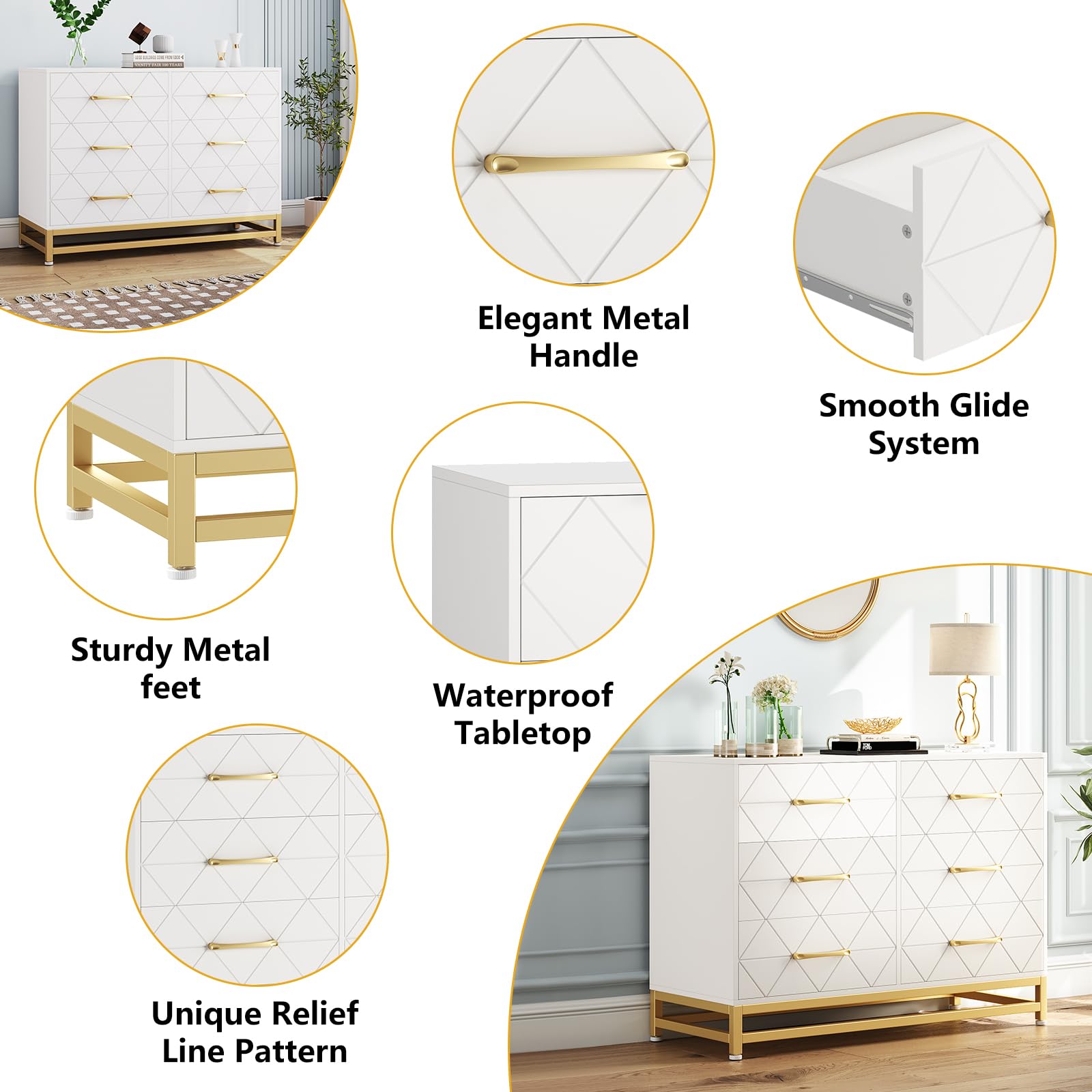 GarveeHome Dresser for Bedroom with 6 Drawer Double Dressers, Modern Wooden Dresser Chest, Beside Table for Closet, Nursery, Living Room, White - WoodArtSupply