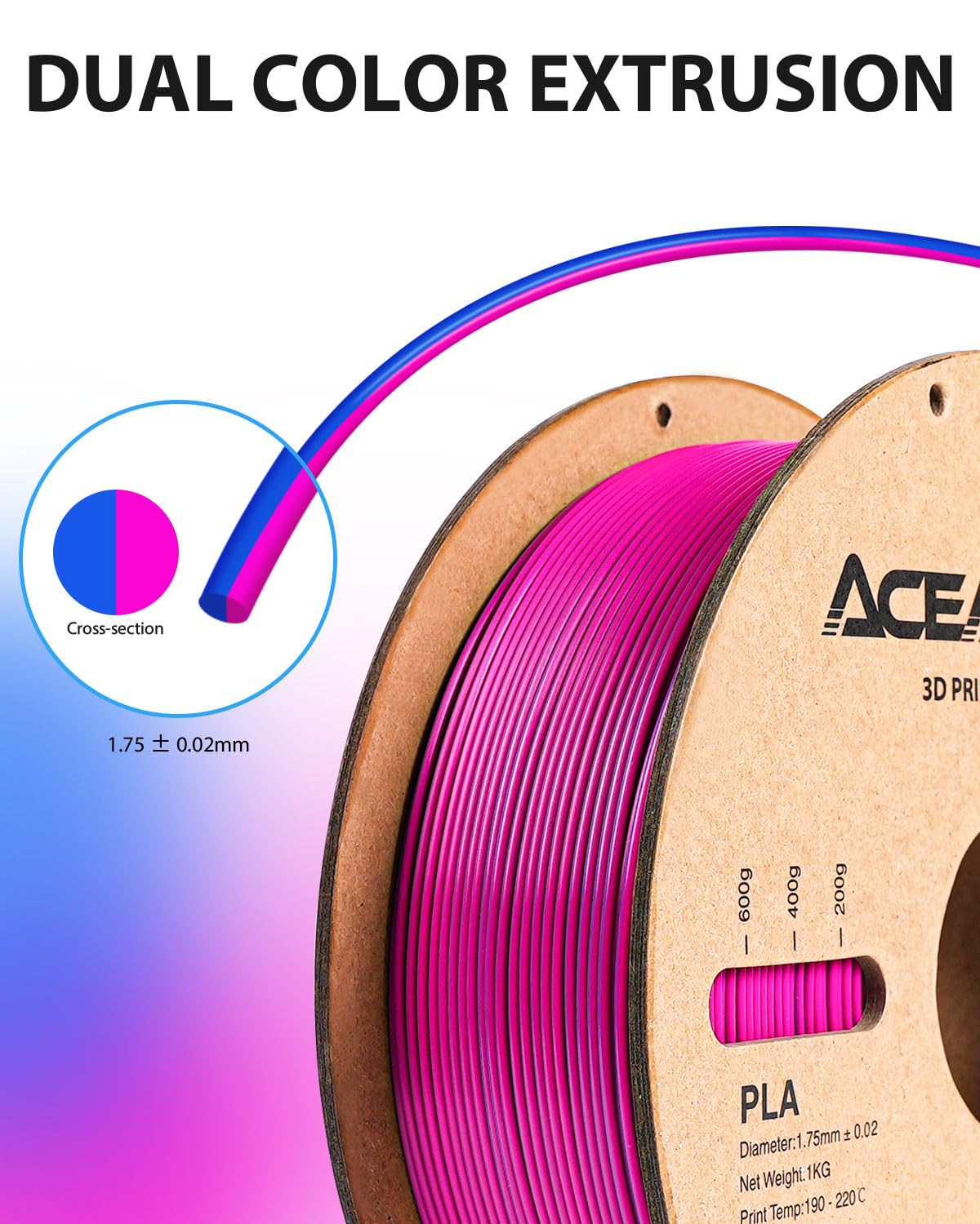 Aceaddity Silk Magic PLA 3D Printer Filament, Dual-Colour Co-Extrusion 1.75mm 3D Printing PLA Filament, Shiny Silk Coextruded PLA, Dimensional Accuracy +/- 0.02 mm, 1kg/2.2lbs (Blue-Rose Red) - WoodArtSupply