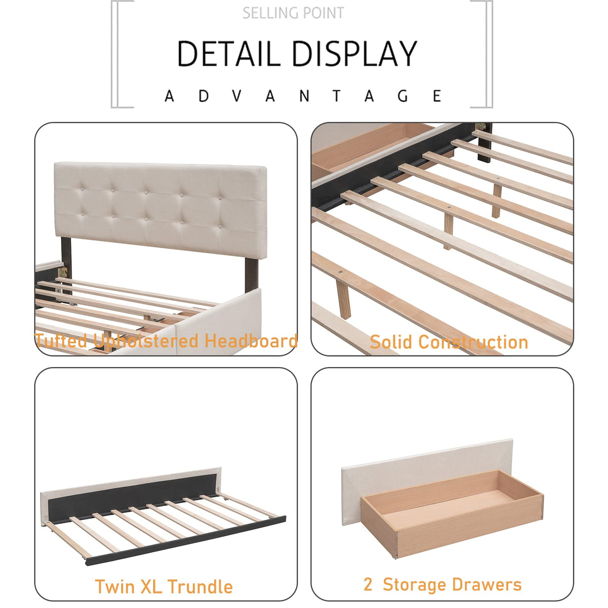 Harper & Bright Designs Upholstered Queen Size Platform Bed with 2 Storage Drawers and 1 Twin XL Trundle, Wood Queen Storage Bed with Linen Fabric for Bedroom Guestroom (Queen, Beige) Harper & Bright Designs