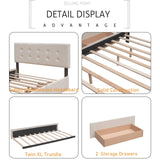 Harper & Bright Designs Upholstered Queen Size Platform Bed with 2 Storage Drawers and 1 Twin XL Trundle, Wood Queen Storage Bed with Linen Fabric for Bedroom Guestroom (Queen, Beige) Harper & Bright Designs