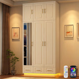 Hlivelood Large Armoire Wardrobe Closet Cabinet with Drawers and LED Lights, Multi-Tier Shelves, Hanging Rod, Large Capacity Storage 3 Door Wardrobe Armoire with Top Cabinet for Bedroom, White Hlivelood