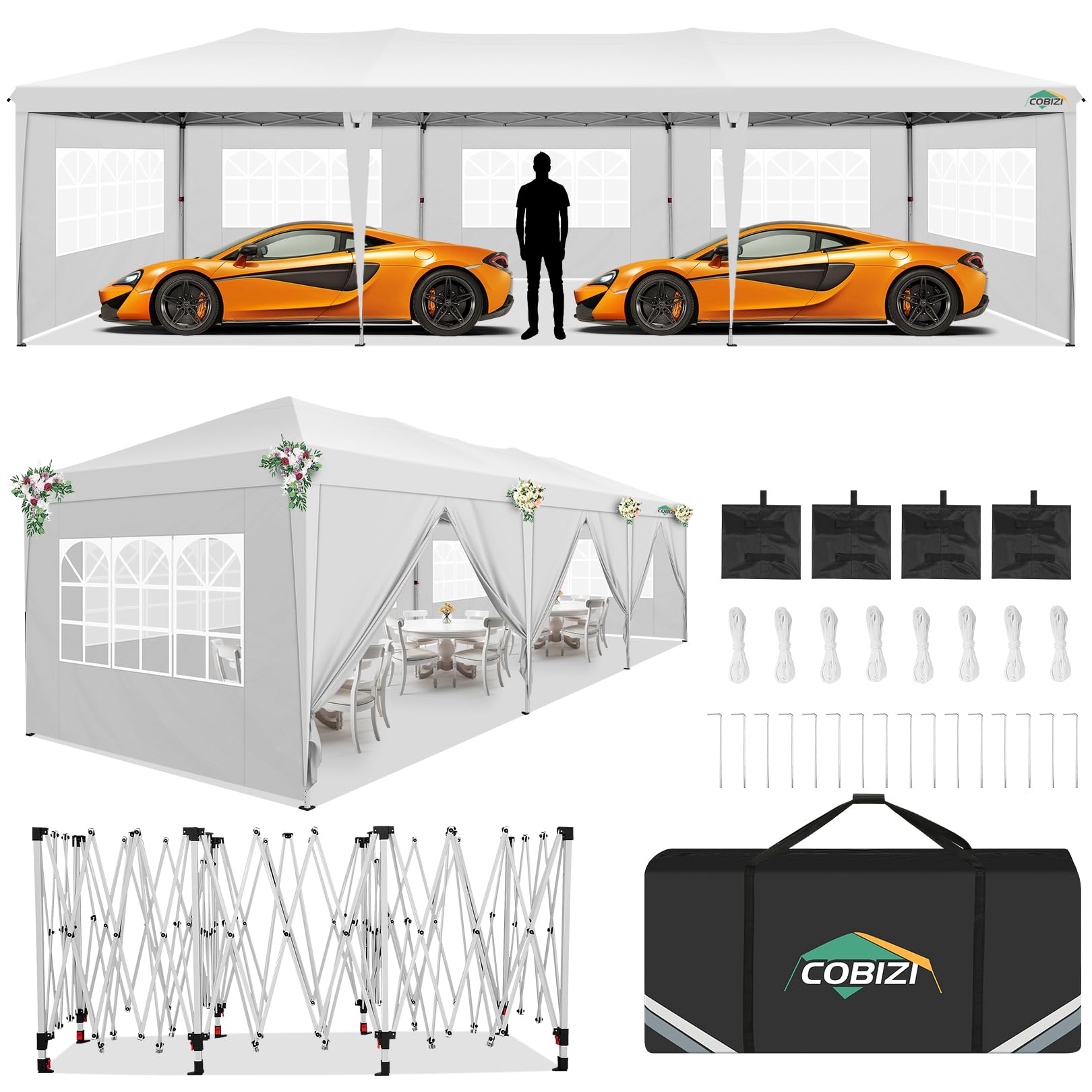 COBIZI 10x30 Pop up Canopy Tent for Parties Protable Canopy Tent with 8 Sidewalls Waterproof Commercial Instant Shelter Tent for Wedding, Courtyard with Carry Bag and 4 Sandbags(10x30FT, Whit - WoodArtSupply