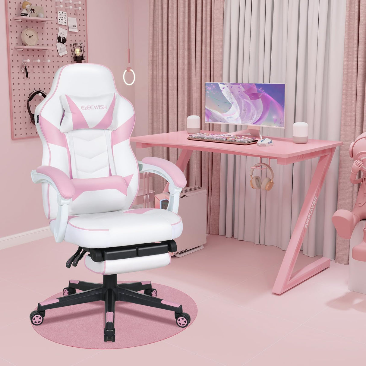ELECWISH Pink Cute Kawaii Gaming Chair for Girl Ergonomic Desk Racing Office Adjustable High Back Game Swivel Leather Chair with Lumbar Support and Headrest, Pink ELECWISH