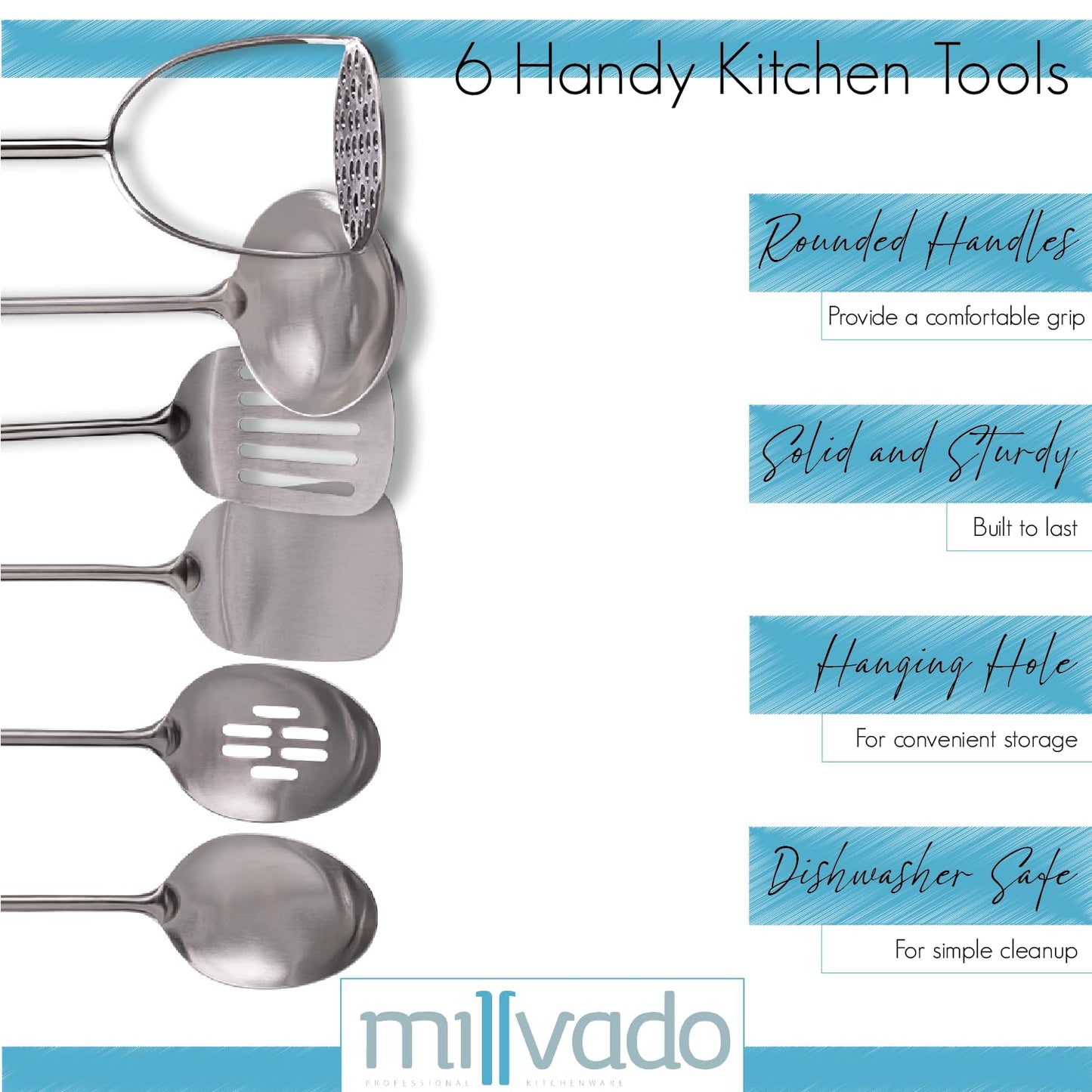 Millvado Stainless Steel Kitchen Utensil Set, Cooking Utensils, Set of 6 Kitchen Tools, Solid Spoon, Slotted Spoon, Solid Turner, Slotted Turner, Soup Ladle, Potato Masher, Dishwasher Safe