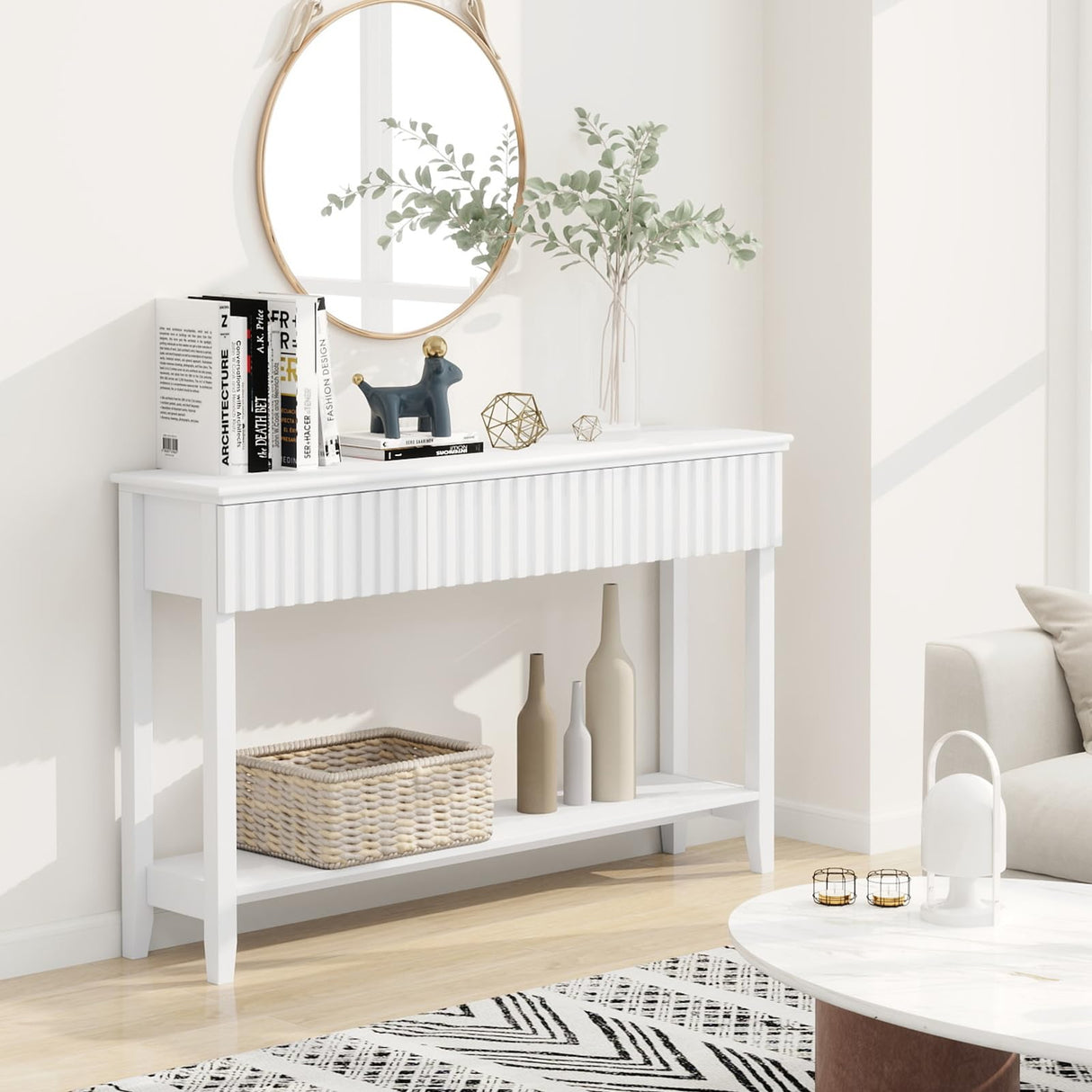 LAZZO Painted Wood Console Table Narrow Long Sofa Table Modern Behind Couch Table Fluted Entryway Table with 3 Drawers and Open Storage Shelf for Living Room, Foyer and Hallway White (White, 1 Tier) LAZZO
