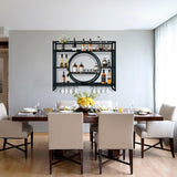 Wall Mounted Wine Rack, Hanging Metal Round Wine Rack Cabinet, Multifunctional Storage Rack, Vintage Style Wine Bottle Shelf, with Wine Glass Holder, for Home Restaurant Bars (140cm/55.1in) Hrwug